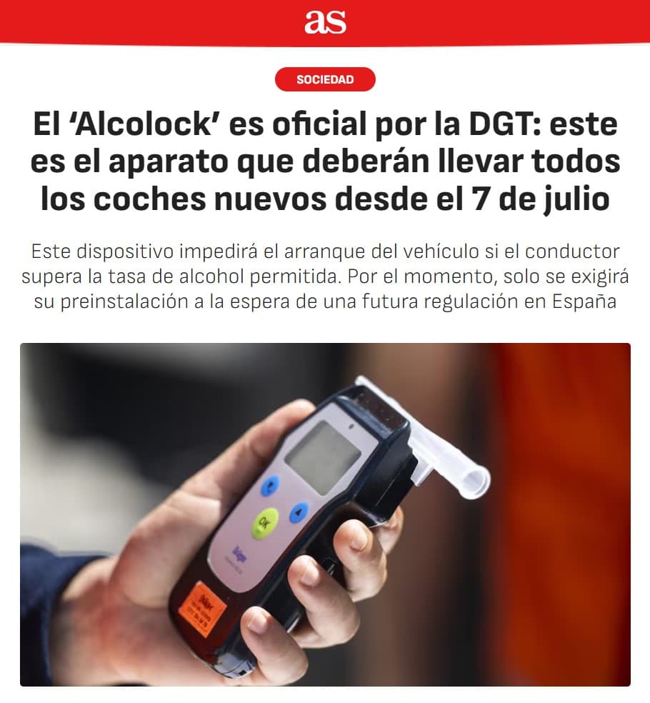 Ha entrado en vigor una nueva normativa europea de Seguridad Vial: todos los coches de nueva matriculación deberán incorporar la preinstalación del ‘alcolock’, un sistema que permite conectar un alcoholímetro antiarranque.