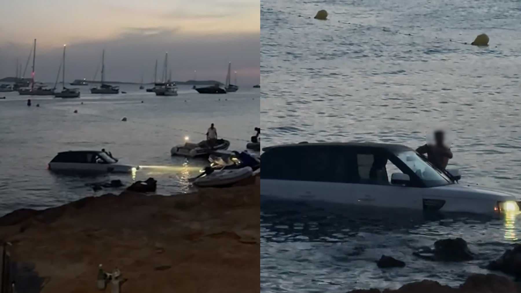 Un coche se resbala por una rampa de barcos y acaba en el agua en Ibiza: «¡Ahí no puedes aparcar, colega!»