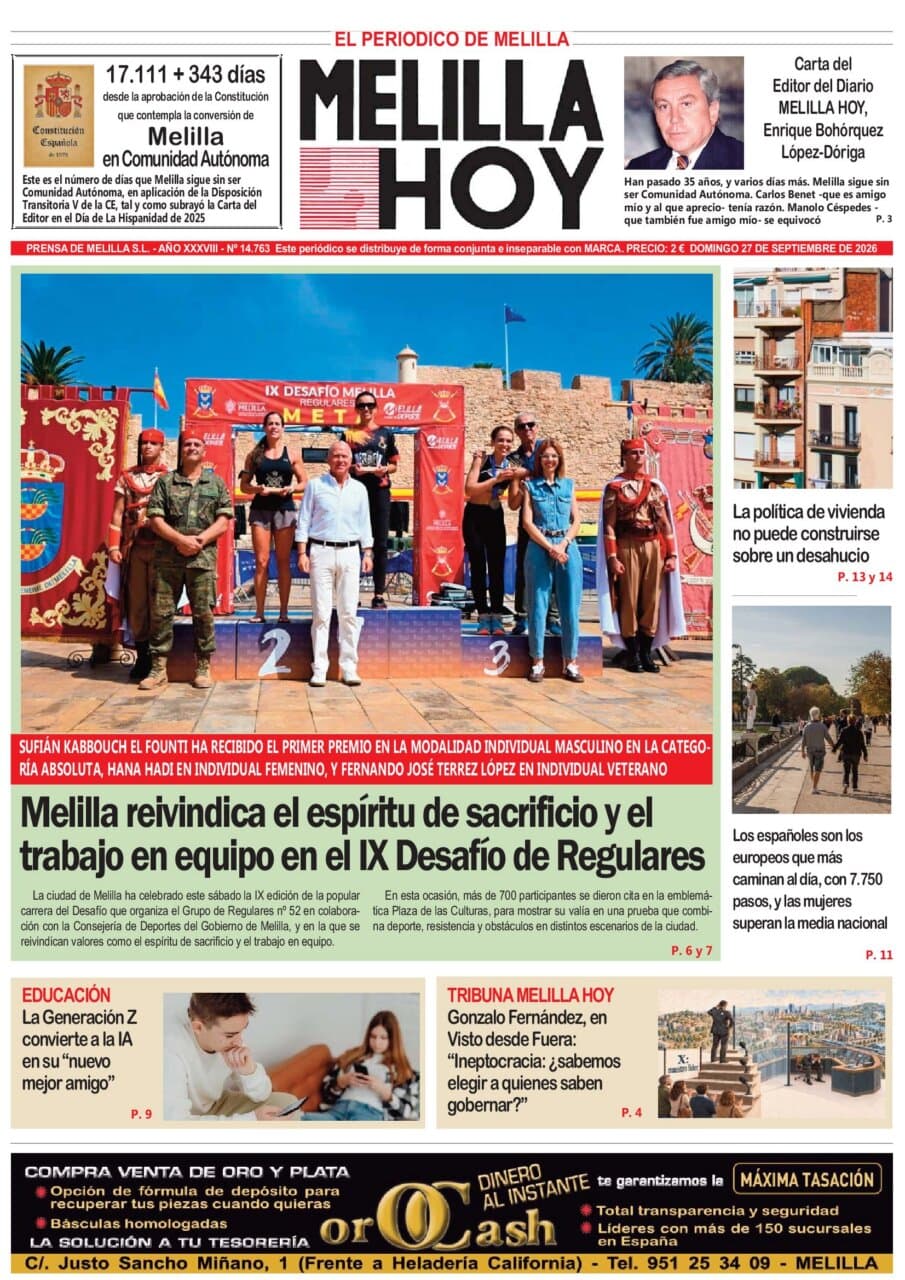 Consulte la portada del MELILLA HOY del domingo 27 de septiembre de 2026